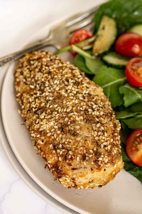 Juicy, flavorful, and delicious, this Dukkah Crusted Chicken cooks quickly in the oven or air fryer. Dukkah is an Egyptian and Middle Eastern spice blend, and it is absolutely delicious when crusted on chicken. This dukkah chicken is great over salad or as a main dish. The recipe has instructions for oven-baked dukkah chicken and air fryer dukkah chicken. Gluten-free and kid-friendly. Dukkah Chicken, Sliced Chicken Breast Recipes, Brine Chicken Breast, Egyptian Food, Chicken With Olives, Oven Chicken, Chicken Spices, Crusted Chicken, Chicken Cutlets