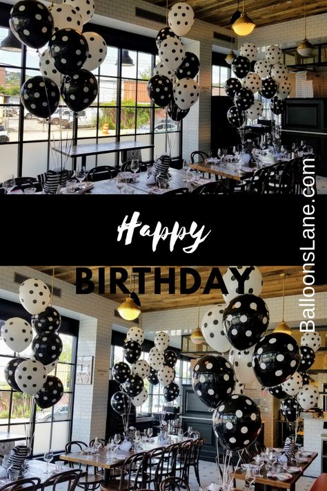 Pink Black And Silver Balloon Garland, Black And White Backdrop With Balloons, Black White And Silver Balloon Arch, Polka Dot Theme Party Decoration, Balloon Backdrop Black And White, Polka Dot Party Theme, Tulle Balloons, Polka Dot Birthday Party, Rose Gold Number Balloons