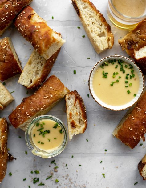 Pretzel Focaccia Bread with Dijon Beer Cheese - Pretzel Focaccia Pretzel Bread Dip Sauce Recipes, Focaccia Appetizer Board, Focaccia Appetizers, Sweet Focaccia Bread, Pretzel Focaccia, Pretzel Bread, Pretzel Cheese, Baking Soda Water, Bread Sticks