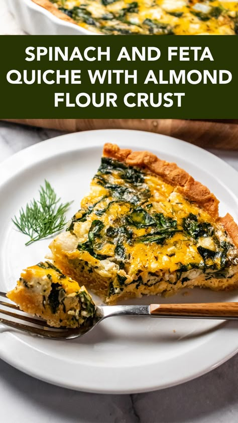 Delight in the goodness of our savory Spinach and Feta Quiche with Almond Flour Crust! This gluten-free quiche features a homemade crust made from our Almond Flour, providing a healthy base for the rich filling of fresh spinach, aromatic herbs, and creamy feta cheese. Perfect for a hearty breakfast or light lunch. This quiche is easy to make and serves 8, making it a fantastic option for family gatherings or weekly meal prep. Almond Crust Quiche, Almond Flour Crust Quiche, Quiche With Almond Milk, Almond Flour Quiche Crust, Almond Flour Quiche, Gluten Free Quiche Crust, Spinach And Feta Quiche, Quiche Healthy, Carb Free Snacks