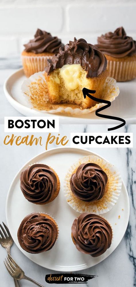 Boston Cream Pie Cake Cupcakes! So easy, and a small batch! Boston Cream Pie Cupcakes for Two. #bostoncream #bostoncreampie #bostoncreampiecupcakes #cupcakes #smallbatch #cookingfortwo #cookingforone #bakingfortwo #dessertfortwo Cupcakes Small Batch, Small Batch Cupcakes, Cream Pie Cupcakes, Boston Cream Cupcakes, Boston Cream Pie Cupcakes, Fun Cupcake Recipes, Pie Cupcakes, Boston Cream Pie, Homemade Cupcakes