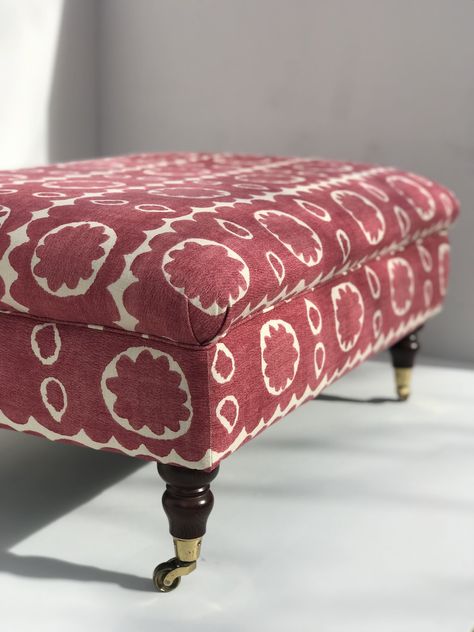 Bespoke Ottomans — By Anna Elizabeth Large Ottoman Living Room, Upholstered Ottoman Coffee Table, Colorful Ottoman, Red Ottoman, Patterned Ottoman, French Country Living, Large Ottoman, French Country Living Room, Upholstery Ideas