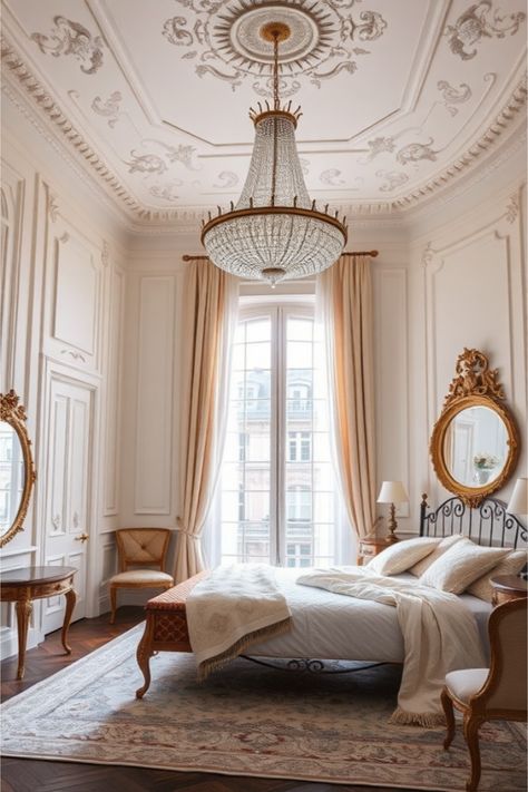 French bedroom aesthetic French Parisian Bedroom, Paris Apartment Interiors French Style, French Aesthetic Bedroom, French Apartment Bedroom, Old Money Aesthetic Bedroom, French Apartment Interior, French Bedroom Aesthetic, Cream Living Room Ideas, French Chic Bedroom