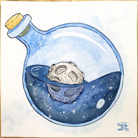 The Moon in a Bottle, its a Traditional Painitng with Watercolor and Ink, its been a while since i made a Potion Painting :D Potions Drawing, Potion Painting, Moon Potion, Luna Tattoo, Fantasy Things, Bottle Drawing, October Art, Watercolor Paintings For Beginners, Moon Drawing