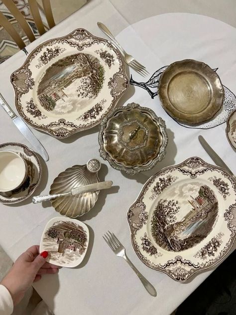 cr to the owner. #fyp Silverware Setting On Table, Burgundy Bathroom, Old Britain, Hosting Dinner, Dining Ware, English Decor, Platter Set, Table Setting Decor, Food Storage Container Set