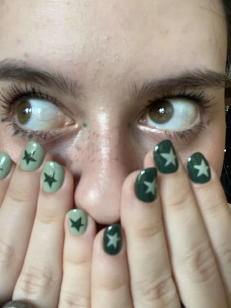 Green Nail Inspo Short Nails, Green Nail Inspiration Short, Green Nail With Design, Very Short Green Nails, Cavetown Inspired Nails, Nail Green Ideas, Gel Nail Designs Stars, Trippy Short Nails, Nail Art On Green Nails