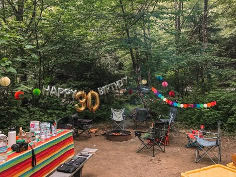 30th Birthday Camping Trip, Mountain Birthday Party, Adult Camping Party, Camping Party Activities, 30th Birthday Ideas For Women, Big 30, Birthday Bbq, Camping Birthday Party, Camping Set Up