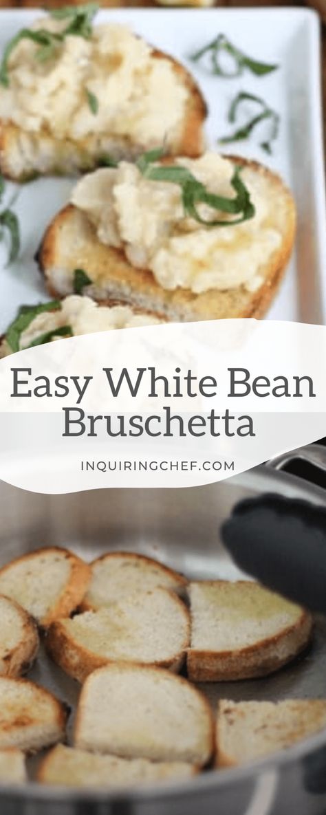 White Bean Bruschetta takes a simple can of white beans and elevates them with fresh aromatics like chopped basil, roasted garlic, and earthy olive oil. Spread the creamy topping on crisp rounds of bread and guests will devour these crunchy, creamy, bite-sized snacks. White Bean Bruschetta, Bean Appetizers, White Appetizers, Bean Bruschetta, Easy Homemade Hummus, White Bean Spread, White Bean Puree, Easy Hummus Recipe, Hummus Recipe Homemade