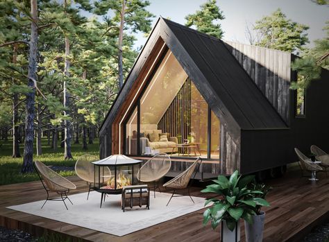 Modern A-Frame Cabin by Liberation Tiny Homes Modern A Frame Cabin, Park Model Homes, Build A Frame, Prefab Cabins, Cabins For Sale, Frame Cabin, Tiny House Listings, Huge Windows, Roof Styles