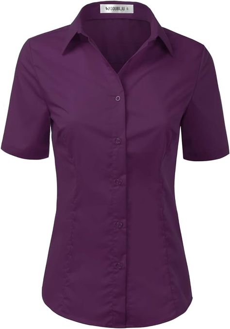 DOUBLJU Womens Short Sleeve Button Down Collar Shirts Slim Fit Basic Stretchy Blouse Tops with Plus Size(S-3X) Plum at Amazon Women’s Clothing store Shomiz Blouses, Cool School Supplies, Cool School, Shirts Short Sleeve, Basic Shorts, Blouse Tops, Formal Casual, Office Attire, Work Blouse