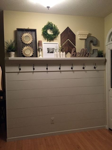 Shiplap entryway with shelf and hooks Shiplap With Picture Ledge, Coat Shelf With Hooks, How To Style Wall Hooks, Entryway Wall Shelf With Hooks, Entryway Ideas With Shiplap, Entryway Slanted Wall, Coat Hook Shelf Decor, Entry Way Shelf With Hooks, Entryway With Shiplap