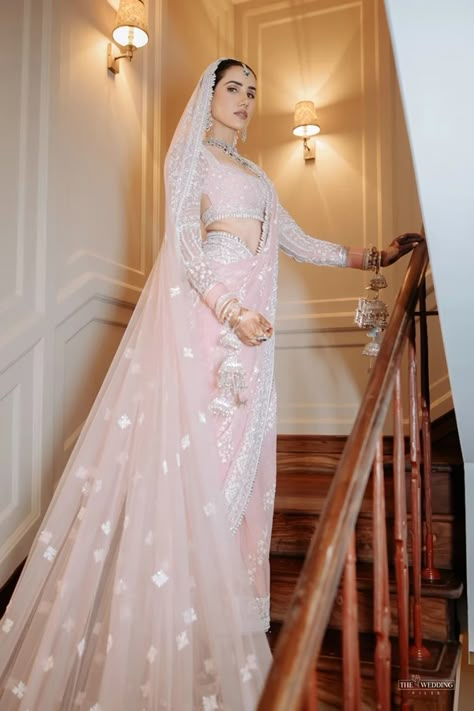 Bride: Sonnalli Sajnani In Our Pink Chiffon Saree Set Saree For Engagement Brides, Stylish Lehenga Designs, Pink Chiffon Saree, Saree For Engagement, Indian Wedding Reception Outfits, Pink Bridal Lehenga, Cultural Wear, Bridal Entry, Wedding Reception Outfit