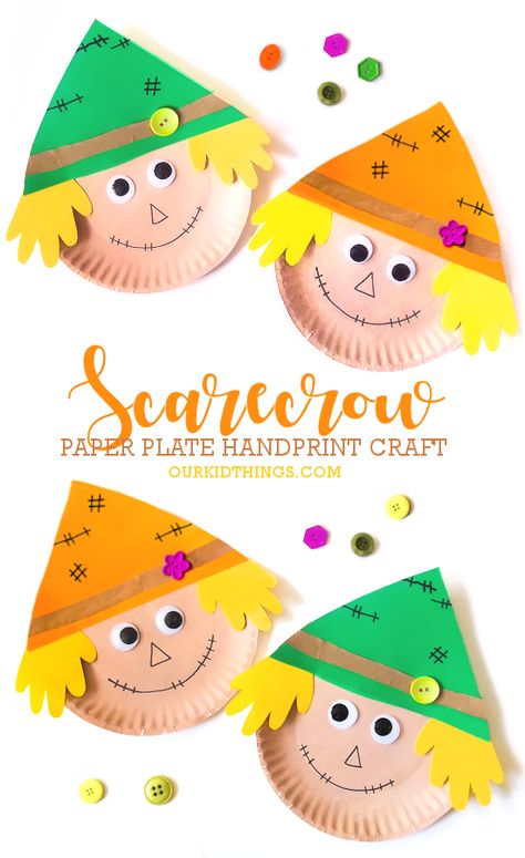 Paper Plate Handprint Scarecrow Craft Scare Crow Craft For Preschoolers, Handprint Scarecrow, Scarecrow Activities Preschool, Scarecrow Crafts For Toddlers, November Crafts For Kids Elementary, Crafts For Kids Autumn, Letter S Crafts, Scarecrow Painting, Scarecrow Craft