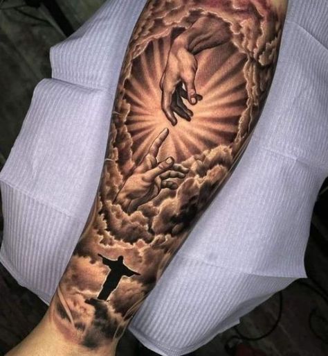 Adam hands in clouds with halo forearm tattoo Hand Of God Tattoo, The Creation Of Adam Tattoo, Jesus Hand Tattoo, Michelangelo Tattoo, Creation Of Adam Tattoo, Adam Tattoo, Christus Tattoo, Cloud Tattoo Sleeve, Cloud Tattoo Design