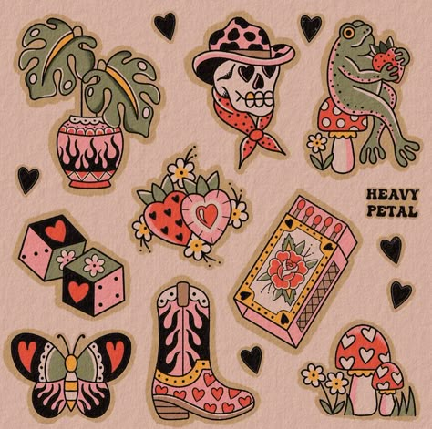 Girly Tattoo Filler, American Traditional Wallpaper Iphone, Female Traditional Tattoo Sleeve, Girlie Traditional Tattoos, 1960s Tattoos, Tattoo Ideas Female Traditional, Girly Traditional Tattoo Flash, Traditional Valentine Tattoo, Match Box Tattoo