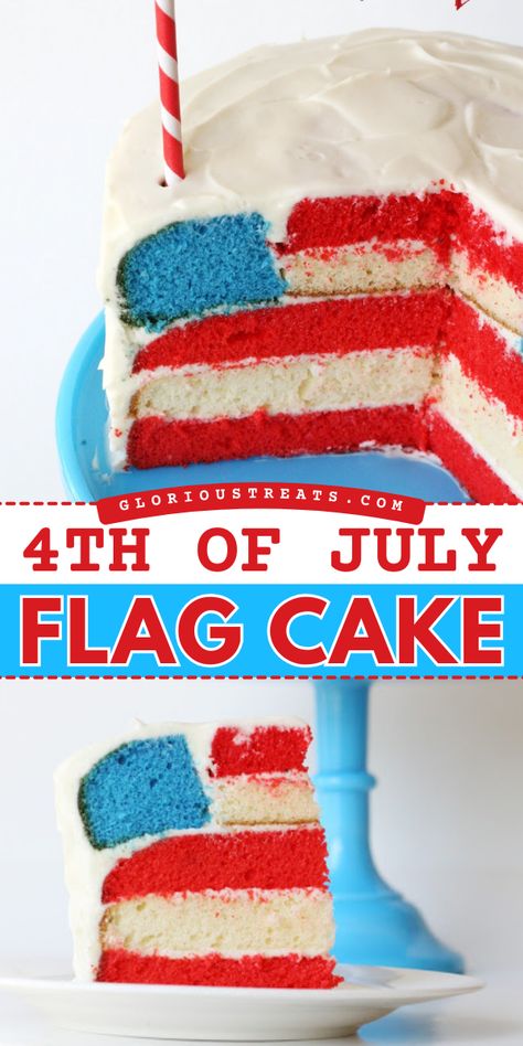 Need a simple 4th of July dessert? Bake up this patriotic cake! It's an easy 4th of July recipe using vanilla cake and vanilla frosting. With layers of red, white, and blue, this American flag cake is fun and festive! Save this 4th of July cake idea! 4th Of July Flag Cake, Red White Blue Cake, Flag Cake Recipe, American Flag Cake, 4th Of July Dessert, Patriotic Cake, Fourth Of July Cakes, Flag Cake, 4th Of July Cake