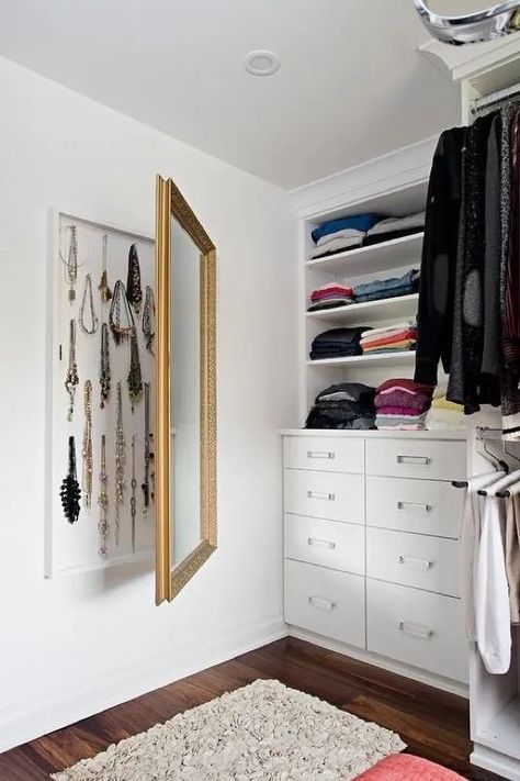 8 Clever Small Space Tiny Closet Organizational Hacks • Save. Spend. Splurge. Dresser Gold, Organiser Son Dressing, Hidden Closet, Contemporary Closet, Built In Dresser, Walking Closet, Tiny Closet, Children's Jewelry, Closet Renovation