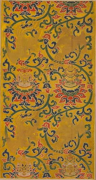 Chinese Textile Collection at Met Museum. 明早期 纏枝蓮托八寳鳳鳥紋妝花緞Textile Panel with Phoenixes and Lotuses Buddhist Symbols, Chinese Embroidery, Ming Dynasty, Antique Textiles, Metallic Thread, Metropolitan Museum Of Art, Metropolitan Museum, Of Wallpaper, Fabric Art