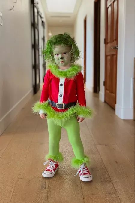 BABY GRINCH! My daughter was finally old enough to carry on our family Halloween costume tradition!  Truly my favorite costume we bring out every Halloween — and why does it match my toddlers attitude sooo perfectly. This would be fun for Christmas too. Tap for costume inspo! The Grinch Fancy Dress, Diy Grinch Costume Kids Easy, Grinch Themed Outfits, Diy Grinch Outfit, Diy Christmas Costumes For Kids, Diy Grinch Costume, Kids Grinch Costume, Grinch Fancy Dress, Grinch Themed Party