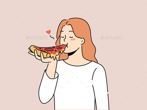 Woman Eating Tasty Italian Pizza Eating Pizza Illustration, Pizza Advertisement, Pizza Slice Drawing, Italian Fast Food, Pizza Illustration, Pizza Cartoon, Woman Eating, Food Traditional, Smiling Girl