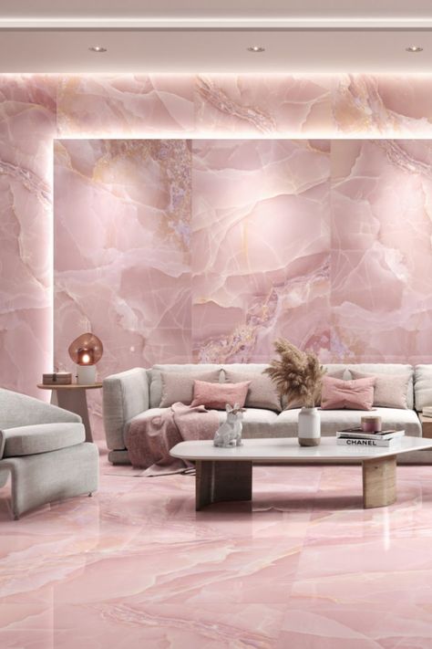 Onyx Porcelain Tile, Marble Floor Living Room, Marble Living Room, Gold Shower Curtain, Tiles Living Room, Gold Shower, House Extension Design, Pink Tiles, Tiles Design