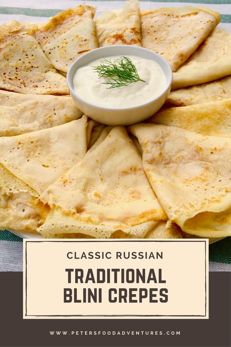 Russian crepes, also called blini or blinchiki, are a version of Russian pancakes, usually eaten in the morning in the morning. It is simple to make. The right amount of flour and ... Russian Crepes, Ukraine Recipes, Blini Recipe, Latvian Recipes, Russian Pancakes, Blintzes Recipe, Latvian Food, Slavic Countries, Gourmet Dishes