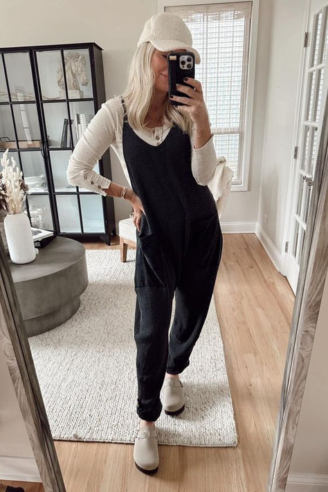 This is the perfect romper for a day of hanging out at home or running errands. Free People Romper Outfit Winter, Styling Jumpsuits Winter, Styling Jumpsuits For Fall, Stretchy Jumpsuit Outfit, Free People Onesie Outfit Fall, Free People Onesie Outfit Winter, Freepeople Jumpsuit Outfit, Hotshot Onesie Outfit Fall, Style Jumpsuit For Winter