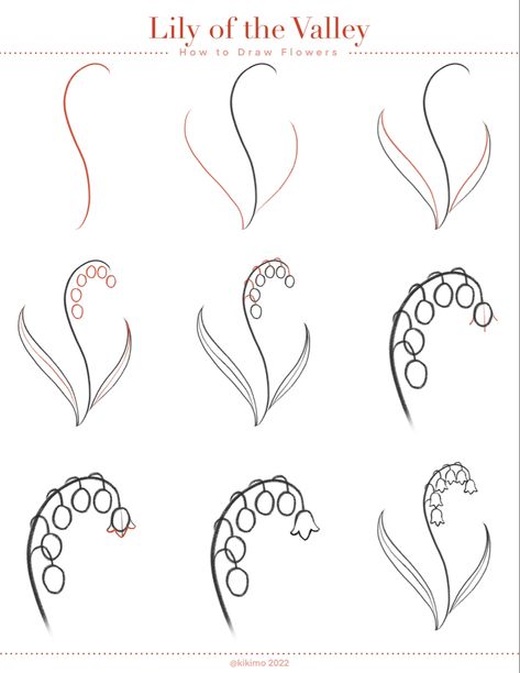 How To Draw Different Flowers Step By Step, Lily Of The Valley Cute Drawing, Flowers Drawing How To, Lily Of The Valley Reference, How To Draw Violets Step By Step, How To Draw A Lily Of The Valley, How To Paint Lily Of The Valley, How To Draw Lily Of The Valley Step By Step, How To Draw Lily Flowers