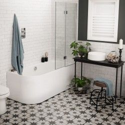 Scintilla Black Tiles Freestanding Bath With Shower, Shower Over Bath, Corner Bath, Pall Mall, Patterned Floor Tiles, Bath Screens, Upstairs Bathrooms, Bathroom Floor Tiles, Family Bathroom