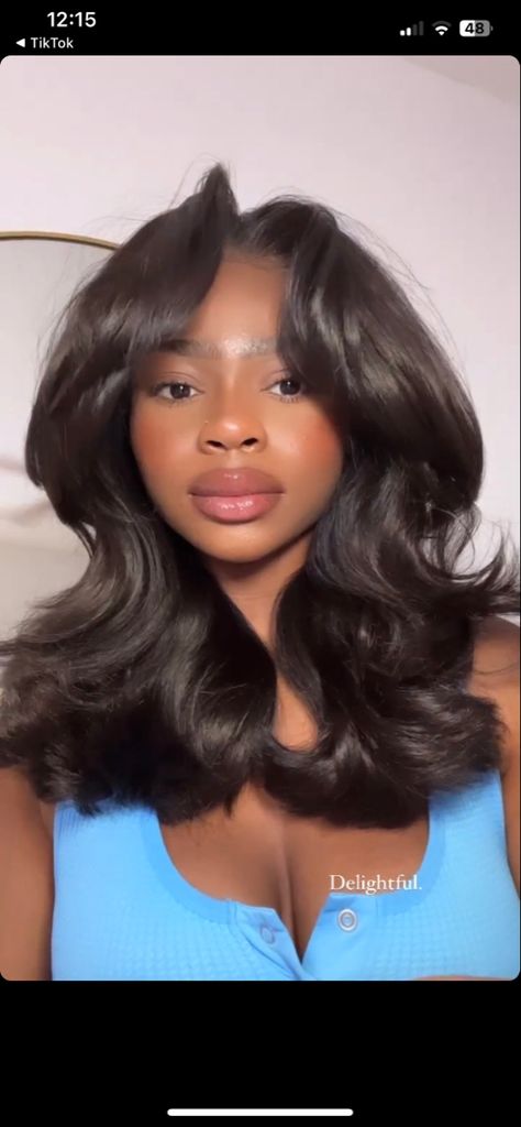 Long Layered Haircuts With Curtain Bangs Black Woman, Bra Length Haircut, Medium Length Blowout Black Women, Long Curtain Bangs Black Women, 90s Curls Black Women, Shoulder Length Weave Black Women, 90s Blowout Wig, Short Layered Wig, 90s Layered Hair Black Women