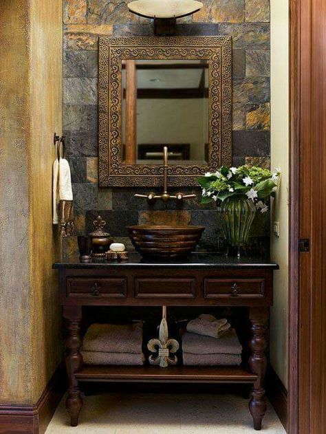 ♥ Baie Vintage, Bathroom Vanity Designs, Rustic Bathroom Vanities, Eclectic Bathroom, Small Bathroom Vanities, Vanity Ideas, Vanity Design, Decor Baie, Stone Walls