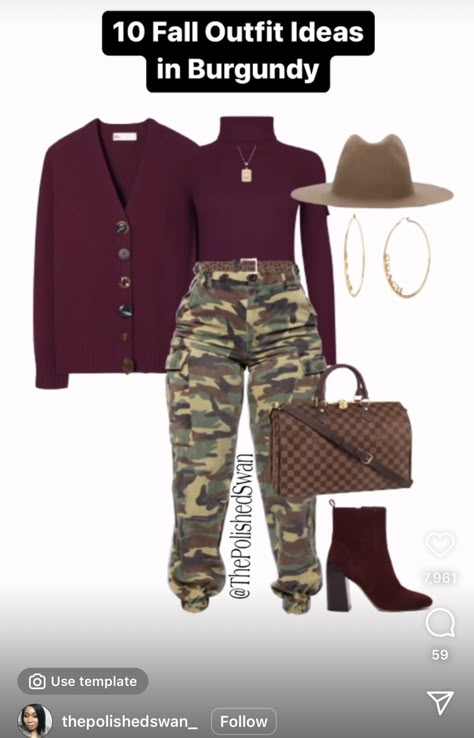 Army Fatigue Outfits For Women Fall, Fall Camo Outfits, Burgundy Womens Outfits, Bon Fire Outfit Women, Soft Rock Concert Outfit, How To Dress In Your 30s Woman Classy, Fall Rainy Day Outfits Work, Outfit Ideas For Women In Their 30s, Fall Fashion 2023 Women