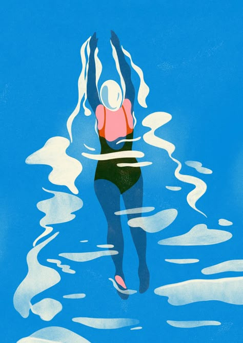 Jen Leem-Bruggen Swimming Illustration Art, Wild Swimming Illustration, Disproportionate Art, Baptism Shirts, Swimmer Illustration, Swim Illustration, Editorial Illustration Magazine, Swimming Illustration, Swimming Cartoon