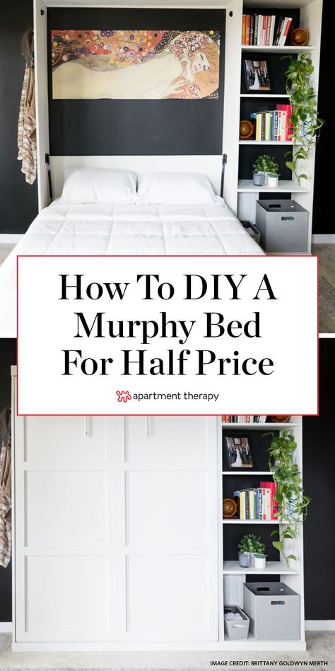 Before and After: A DIY Murphy Bed for a Third of the Cost of Store-Bought Diy Closet Murphy Bed, Closet With Murphy Bed, Murphy Bed Guest Bedrooms, Living Room With Murphy Bed, Murphy Bed Hack Ikea, Small Room Murphy Bed Ideas, Bed In Basement Ideas, Tiny Office With Bed, Basement Guest Room And Living Room