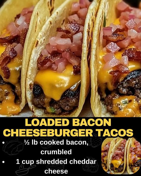 Loaded Bacon Cheeseburger Tacos Bacon Cheeseburger Tacos, Loaded Bacon Cheeseburger Tacos, Cheeseburger Tacos, Cheese Taco Shells, Bacon Cheeseburger Meatloaf, Beef Tips And Noodles, Soft Taco Shells, Cheeseburger Meatloaf, Baked Meatloaf