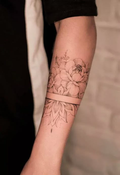 Arm Wrap Tattoos For Women Mandala, Flower Cuff Tattoo Forearm, Dainty Arm Band Tattoos For Women, Elegant Tattoos Arm, Botanical Forearm Tattoo Women, Upper Armband Tattoo For Women, Womens Armband Tattoo, Forearm Cuff Tattoo Women, Forearm Tattoo Women Wrap Around