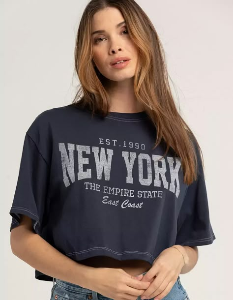 New York T Shirt, Long Kurti Designs, Full Tilt, Girls Fashion Clothes, 로고 디자인, Kurti Designs, Crop Tee, Matilda, Model Measurements