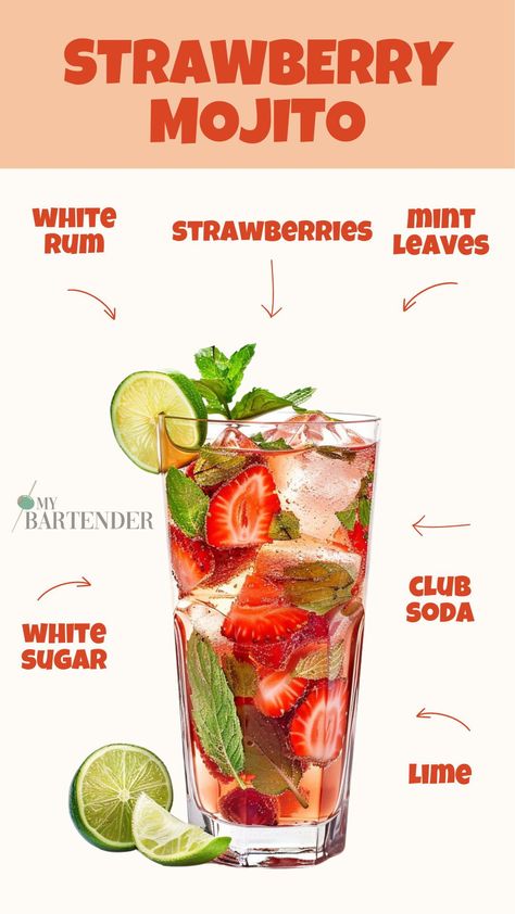 Taste the sweet, refreshing taste of our Strawberry Mojito recipe, where ripe strawberries and zesty lime come together. Perfect for summer. #StrawberryMojito Strawberry Cocktail Recipe, Strawberry Mojito Recipe, Strawberry Cocktails, Cocktail Drinks Alcoholic, Coffee With Alcohol, Happy Drink, Strawberry Mojito, Mint Mojito, Coconut Drinks