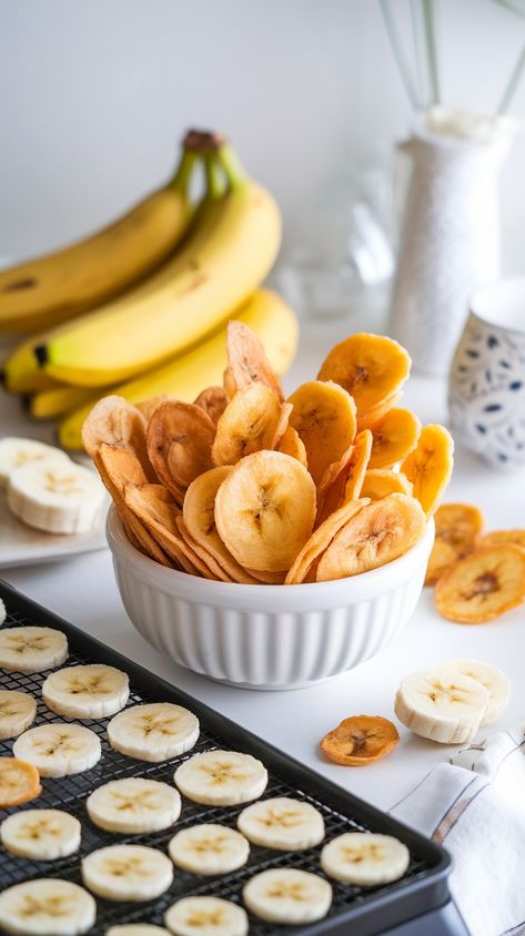 Delicious DIY Dehydrated Banana Chips for a Healthy Snack Dehydrate Bananas In Dehydrator, Diy Banana Chips, Banana Chips Dehydrator, Dehydrating Bananas, Foods To Dehydrate, Dehydrated Banana Chips, Homemade Banana Chips, Banana Chips Recipe, Dehydrated Bananas