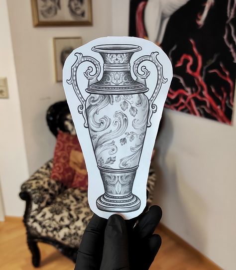 Realistic Vase Tattoo, Baroque Art Tattoo, Leg Vase Tattoo, Greek Vase Tattoo Design, Vintage Vase Tattoo, Antique Vase Tattoo, Ornate Vase Tattoo, Vase Tattoo, Victorian Vases