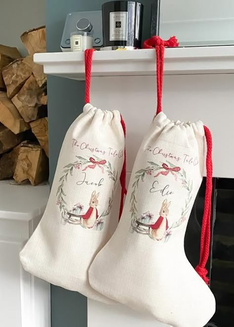 Peter Rabbit Christmas, Personalised Christmas Sack, Unique Christmas Stockings, Embroidered Stockings, Rabbit Christmas, Baby Stocking, Stocking Ideas, Handmade Stocking, Christmas Sack