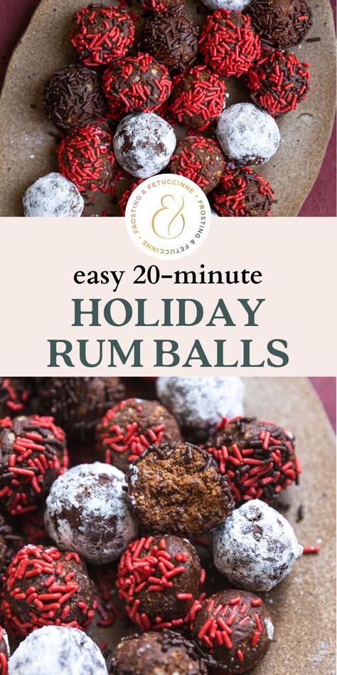 This easy rum balls recipe only takes 20 minutes to make, with simple ingredients and a food processor! It's a no nut recipe that uses vanilla wafer cookies as a base - but you can use any crunchy cookie! This no bake Christmas dessert is perfect to make ahead of the holidays as it stores easily and freezes well. These rum balls are moist, boozy, festive, and fun to make or give as holiday gifts! Rum Recipes Food, Fireball Recipes Desserts, Desserts With Rum, No Bake Rum Balls Recipe, Gluten Free Rum Balls, Christmas Rum Balls, New Years Treats Ideas, Rum Balls Boozy, Rum Balls No Bake