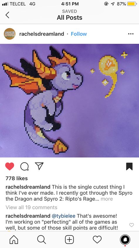 Spyro Perler Bead Pattern, Spyro Perler Beads, Dragon Perler Bead Patterns, 3d Beads, Perler Creations, Pixel Beads, Melty Bead Patterns, Perler Ideas, Easy Perler Beads Ideas