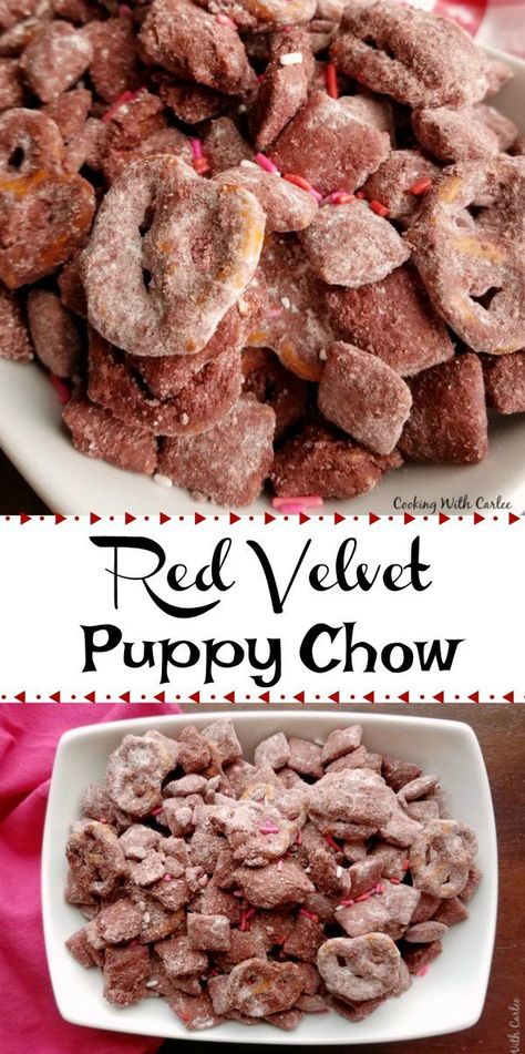 A childhood favorite treat kissed with red velvet and pretzels. It is sweet, a little bit salty and crunchy. It is perfect for Valentine's Day or any day! #valentines #redvelvet #snackmix #chocolate Valentine Baking, Baked Chocolate Pudding, Munchies Recipes, Blogger Ideas, Valentines Baking, Red Velvet Cake Mix, Good Pie, Blogger Photos, Puppy Chow