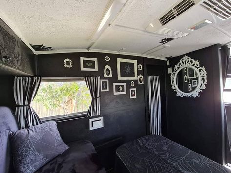 Goth Caravan, Gothic Rv Interior, Gothic Trailer Home, Gothic Rv Decor, Dark Rv Interior, Goth Trailer Home, Goth Camper Interior, Goth Van Life, Gothic Camper Interior