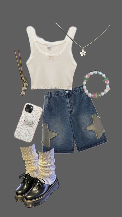 Jorts with stars outfit, coquette tank top outfit, mary janes, leg warmers, coquette phone case, necklaces, bracelet, collage Coquette Tank Top, Jorts Outfit, Tank Top Outfit, Coquette Outfit, Tank Top Outfits, Concert Fits, Top Outfit, Cute Outfits, Tank Top