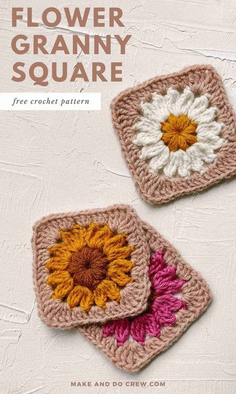 Learn how to crochet a flower granny square with this free pattern from Make and Do Crew. We include a step by step photo tutorial and video tutorial so that even beginners can learn crochet granny squares and make them look like beautiful flowers. Whether you turn them into sweaters, blankets, or scarves, this modern take on a traditional crochet square is a fun way to add pops of color to any project. Visit the blog to learn how to make a granny square look like a flower. - Crochet Techniques How To Crochet Gingham Pattern, Crochet Squares Flower, How To Make A Flower Granny Square, Diy Granny Square Blanket, Tricolor Granny Square, Bobble Drops Flower Granny Square, Fall Granny Square Pattern Free, Granny Squares Sweater Pattern, Flower Crochet Pattern Granny Squares