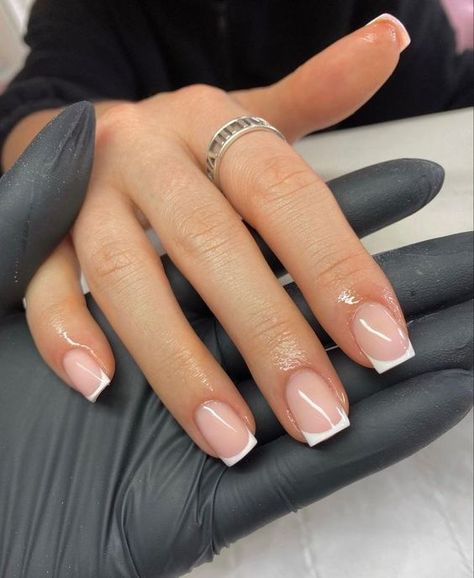 Short Sqovalnails French, Black French Short Nails, French Tip Short Square Nails, Square Short Nails, Acrylic Nail Trends, Short French Tip, French Tip Gel Nails, Short Coffin Nails Designs, Acrylic Nails Almond Shape