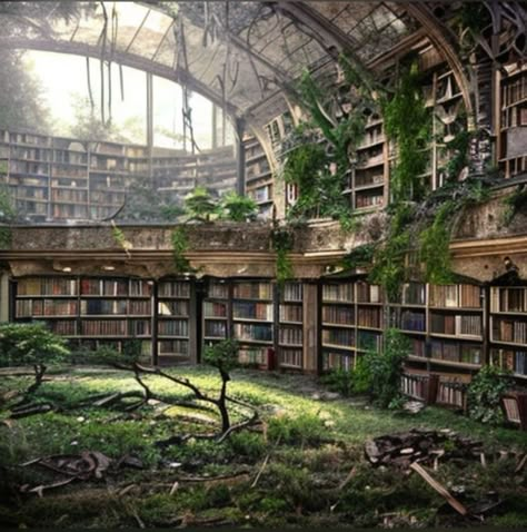 Overgrown City, Abandoned Library, Fantasy Library, Victorian Greenhouses, Ancient Library, Dream Cafe, Old Library, Library Aesthetic, Abandoned Castles