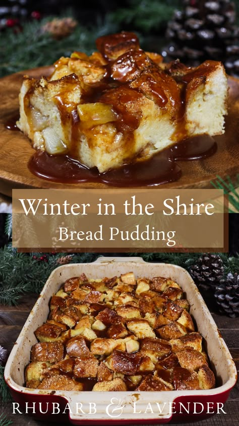 Soft and gooey cardamom flavoured bread pudding with tender pears is the perfect spiced dessert to enjoy from the comforts of a hobbit hole. Inspired by the hobbits of J.R.R. Tolkien's Middle Earth and their love of comfort food, this decadent dessert is topped with a sweet and citrusy cardamom orange caramel sauce. Holiday Bread Pudding Recipe, Red Pear Dessert Recipes, Comfort Party Food, Hobbit Dessert Recipes, Winter Spice Pudding, Dnd Food Recipes, Pear Cardamom Cake, Spiced Pear Dessert, Pear Bread Pudding